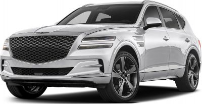 Bold front grille and distinctive split headlights on a luxury SUV front view