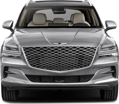 Front view with large diamond-pattern grille and dual horizontal LED headlights