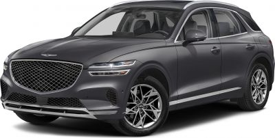 Front view of sleek SUV with large mesh grille and split LED headlights