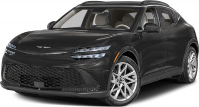 Front view of electric SUV with modern double LED headlights and large mesh grille