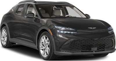 Front view of sleek SUV with double LED headlights and large mesh grille