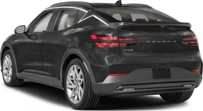 Rear side view of sleek modern electric SUV with sharp tail lights and alloy wheels
