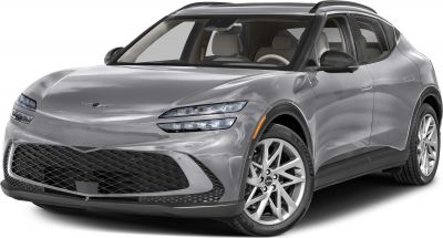 Front view of electric SUV with split LED headlights and large front grille