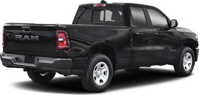 Black pickup truck rear and side view with Quad Cab Long configuration