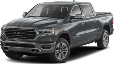 Pickup truck front three-quarter view with crew cab and long bed