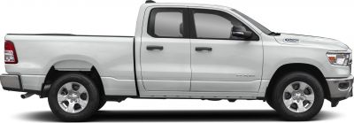 Side view of extended bed quad cab pickup with four doors