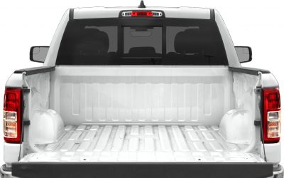 Open truck bed with tailgate down and rear window view