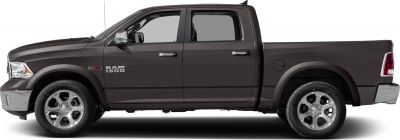 Side view of a four-door crew cab short bed pickup truck.