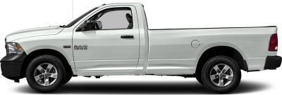 Side profile of a single cab pickup truck with long cargo bed