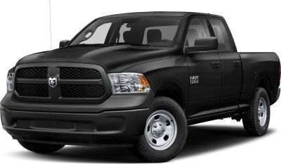 Black pickup truck front and side view with quad cab