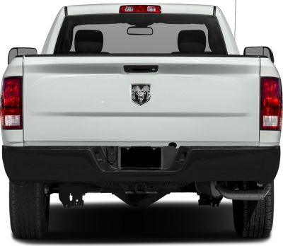 Rear view of a pickup truck with visible tailgate and taillights