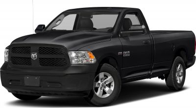 Black single-cab pickup truck front-side view with alloy wheels