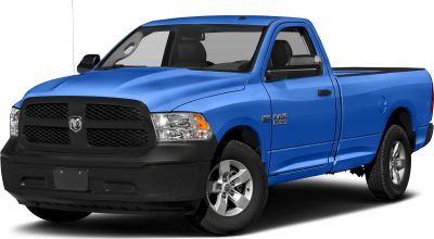 Blue regular cab pickup truck with front and side visible