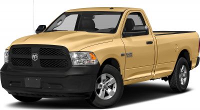 Front and side view of a regular cab pickup truck with prominent grille and single door design