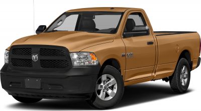 Regular cab pickup truck with black grille and silver wheels