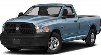 Front grille and body profile of regular cab pickup with silver wheels