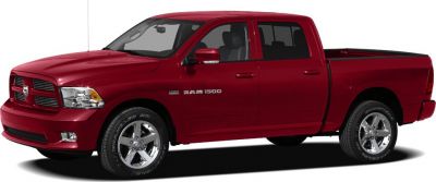 Red pickup truck side profile with crew cab and chrome wheels