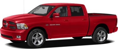 Red pickup truck with crew cab and chrome wheels side profile