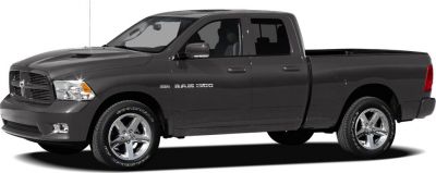 Side view of black pickup truck with Quad Cab and V8 HEMI badge