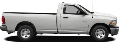 Single cab pickup truck with extended cargo bed in side view