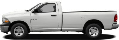 Side profile of a white single cab long bed pickup truck with chrome wheels