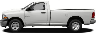 Side profile of a single cab pickup truck with standard bed and chrome wheels