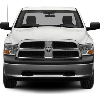 Close-up front view of pickup's grille and headlights