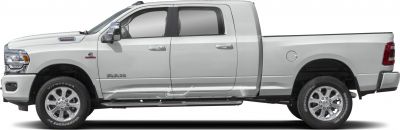 Side profile of heavy duty pickup with crew cab and extended bed.