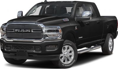 Robust heavy duty pickup truck with large chrome grille and side mirrors.