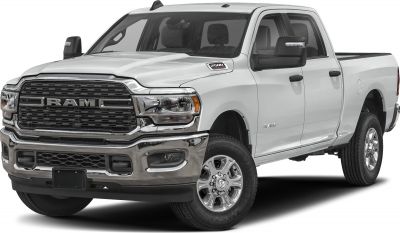 Bold chrome grille and dual side mirrors on heavy-duty crew cab pickup
