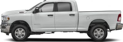Side profile of a double cab pickup truck with extended cargo bed