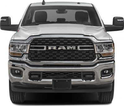 Prominent front grille and headlights of heavy-duty pickup truck
