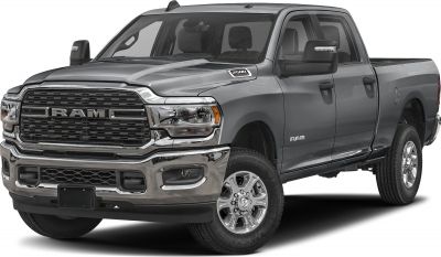 Front view of heavy duty pickup with robust grille and chrome bumper