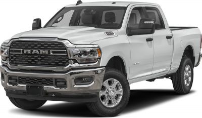 Front and side view of heavy-duty pickup with prominent grille and extended cab