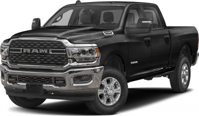 Heavy duty pickup with crew cab, chrome grille, and rugged tires