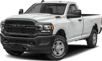 Front view of rugged regular cab pickup with prominent grille and headlights