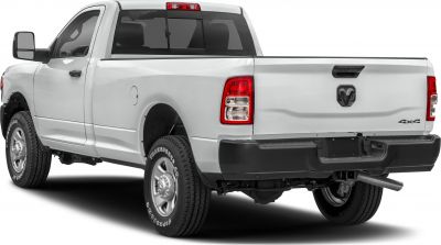 Rear view of white 4x4 pickup truck with single cab and standard rear lights