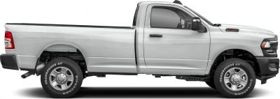 Single cab pickup truck side profile with long bed and heavy-duty wheels