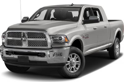 Front view of a large heavy duty pickup with chrome grille and mega cab