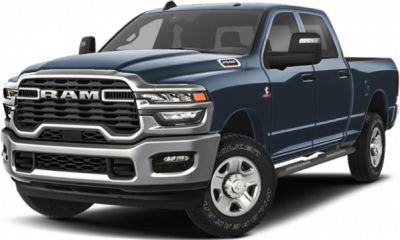 Front and side view of heavy-duty crew cab pickup with bold grille and LED lights