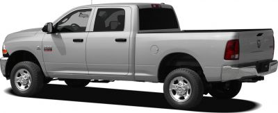 Side profile of crew cab long pickup truck with dual rear doors and pickup bed