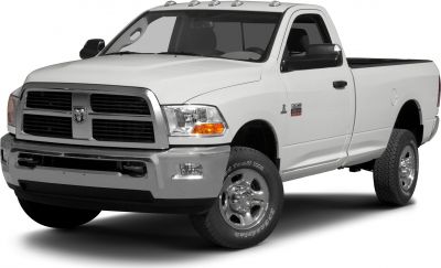 Front and side view of heavy-duty regular cab pickup with chrome bumper