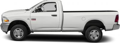 Side view of heavy duty pickup with regular cab and long bed