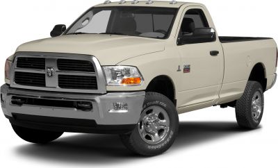 Front and side view of a regular cab pickup with chrome grille and off-road tires