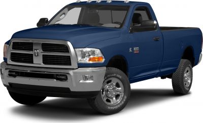 Front and side view of a heavy duty pickup with chrome grille and roof lights