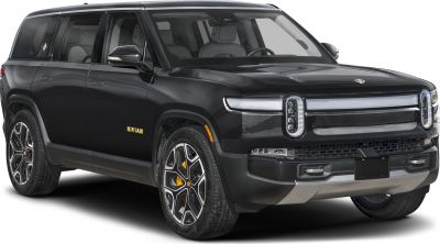Black electric SUV with oval LED headlights and rugged design.