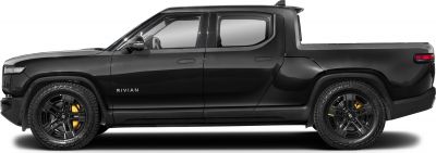 Side profile of electric pickup with rugged tires and sleek black finish
