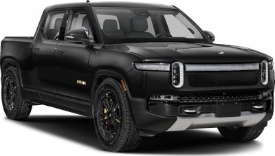 Electric pickup with unique oval LED headlights and rugged off-road tires