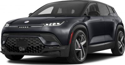 Front and side view of electric SUV with modern headlights and unique wheels