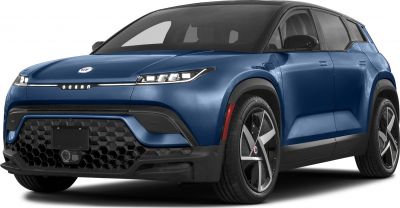 Electric SUV front with LED headlights and aerodynamic blue design